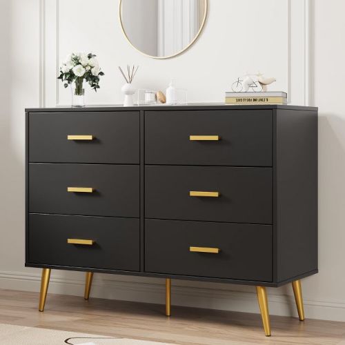Garvee 6-Drawer Chest of Drawers for Bedroom, Wooden Bedroom Drawer Dresser with 6 Storage Drawers, for Bedroom, Living Room and Entryway, Black