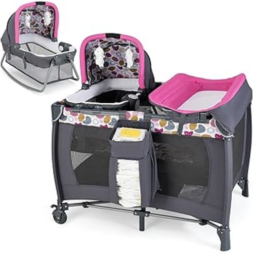 HONEY JOY Pack and Play with Bassinet, Infant Nursery Center Pack and Play w/Newborn Cradle & Hanging Toys, Diaper Storage Bag, Music, Carry Bag, Portable Baby Playard w/Changing Station (Pink)