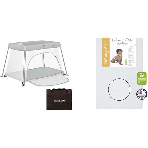 Grey Dream On Me Travel Light Playard with Mesh Zipper Door (in Grey) & Travel Crib Mattress