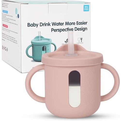 Silicone Baby Sippy Cups, BPA-Free Drop-Proof Straw Cup, Toddler Training Cup with Straw Lid for Baby Led Weaning, 6 Months+, 6.76oz, Pink