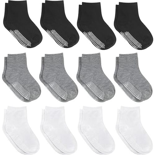 Debra Weitzner Toddler Socks With Grips - 12 Pairs Crew Cotton Grip Socks for Baby Boys Girls Infant's and Kids 6-M - 7 years