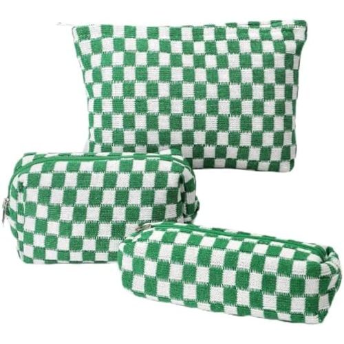 EIMMBD Makeup Bag 3 Pieces Large Capacity Checkered Cosmetic Bags Travel Toiletry Bag Organizer Cute Makeup Pouch Storage for Women (Green)