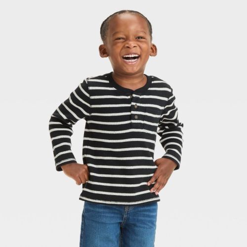 Toddler Boys' Long Sleeve Striped Pocket Henley T-Shirt - Cat & Jack™ Black 18M