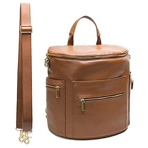 miss fong Diaper Bag Backpack Baby Diaper Bag, Large Leather Diaper Bag Backpack with 16 Pockets Diaper Bag Organizer, Changing Pad, Stroller Straps and 2 Insulated Pockets (Regular, Cognac)