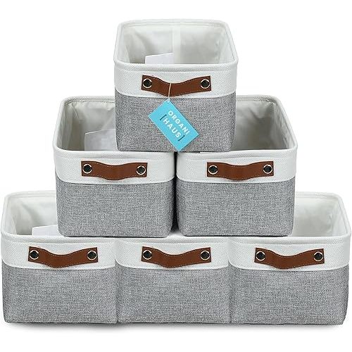 OrganiHaus Small Fabric Storage Bins for Shelves 6 Pack, 12x8in Closet Storage Bins for Shelves, Cloth Baskets for Organizing, Linen Closet Organizers, Fabric Basket, Gray/White