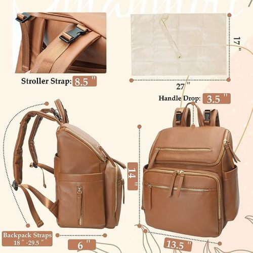 Diaper Bag Backpack Baby Diaper Bag Leather with 17 Diaper Bag Organizing Pouches,Changing Pad,Stroller Straps,4 Insulated Pockets,Brown - Congac