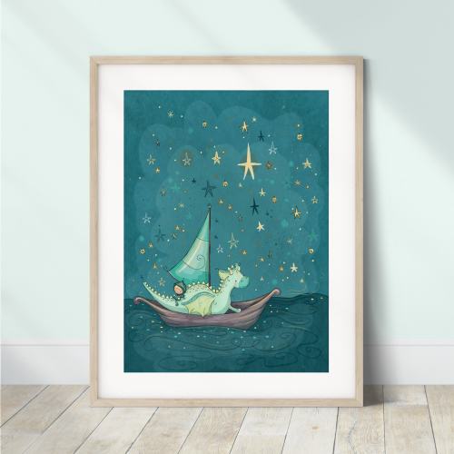 Boys Dragon Print, Puff the Magic Dragon, Starry Night Nursery Decor, Kids Dragon Wall Decor, Boys Nursery Wall Art, Dragon Nursery