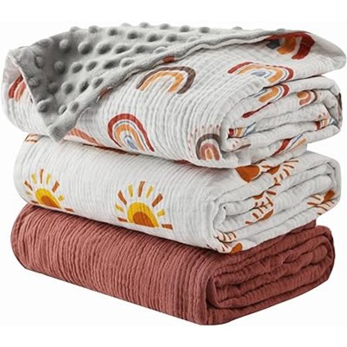 3 Pack Soft Boho Baby Gender Neutral Blankets for Newborn Baby Girls or Boys Unisex Nursery Toddler bBaby Throw Blanket Double Layer Blankets with Dotted Backing and Sun Rainbow Printed (Boho)