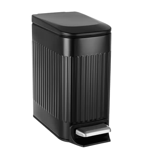 TrashAid Small Black Bathroom Trash Can with Lid Soft Close, 6 Liter / 1.6 Gallon, Stainless Steel Garbage Can with Removable Inner Bucket, Step Pedal, Slim Wastebasket for Toilet, Office, Bedroom