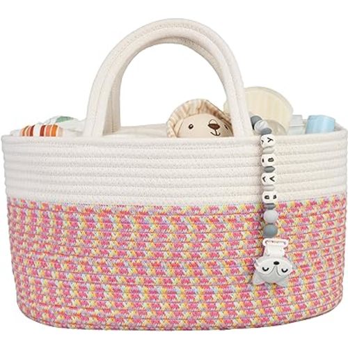 Large Baby Diaper Caddy Organizer for Girl Boy Rope Nursery Storage Bin Basket Portable Holder Tote Bag for Changing Table Car Travel Baby Shower Gifts Newborn Registry Must Haves