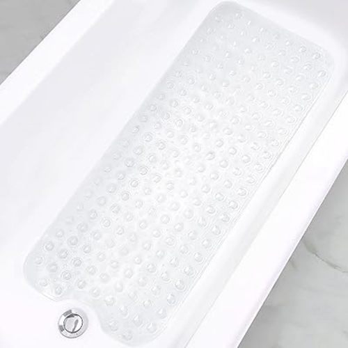 Linoows Bathtub and Shower Mats, Extra Long Non-Slip Bath Tub Mat 39 x 16 Inch, Machine Washable Bathmat with Suction Cups & Drain Holes for Bathroom Floor, Clear