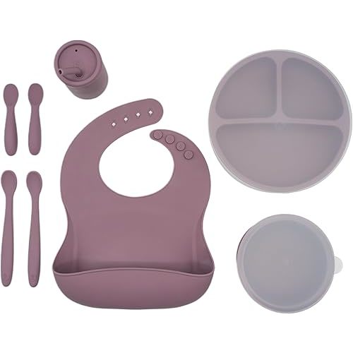 WeeSprout Baby Led Weaning Bundle, Silicone Suction Bowl, Spoons, Bib & Cup, Develops Self Feeding Skills, Dishwasher Safe (Purple)