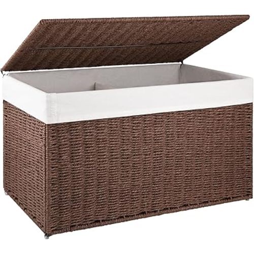 OIAHOMY Storage Basket with Lid, 27.7 Gallon (105L) Blanket Basket with Removable Separated Liner Bag, Paper Rope Hamper with Handle, Foldable, Shelf Basket for Living Room, Brown