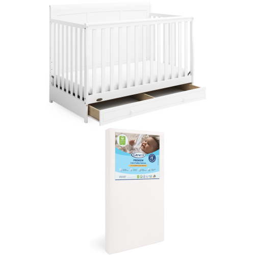Graco Asheville 4-in-1 Convertible Crib with Drawer and Premium Crib & Toddler Mattress Bundle, White