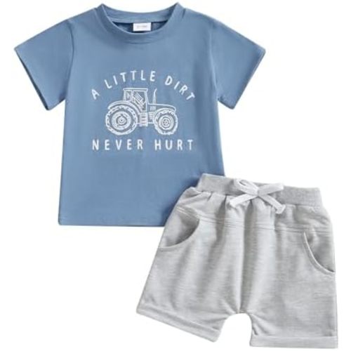 fhutpw Toddler Baby Boy Summer Clothes Tractor Letter Short Sleeve T-Shirt Tops Pockets Casual Shorts Set Infant Outfits