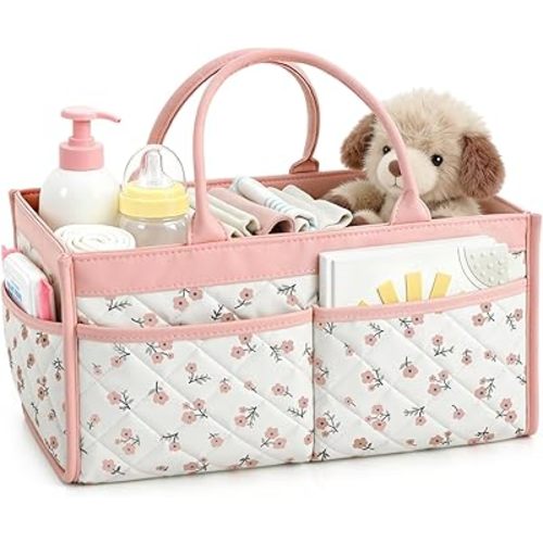 Baby Diaper Caddy Organizer – Elegant Storage Basket for Newborn Essentials, Nursery & Diaper Station, Registry Must-Have, Blush Pink Blossom