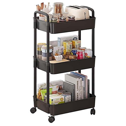 COWIN 3 Tier Metal Rolling Utility Cart, Black, Small Organizer with Wheels, Movable Shelving for Homes