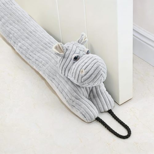 Under Door Draft Stopper Decorative Wind Stopper 38 inch for Door & Window, Weighted Animal Air Draft Stopper Snake Noise Blocker for Bottom of Door with Hanging Loops - Hippo