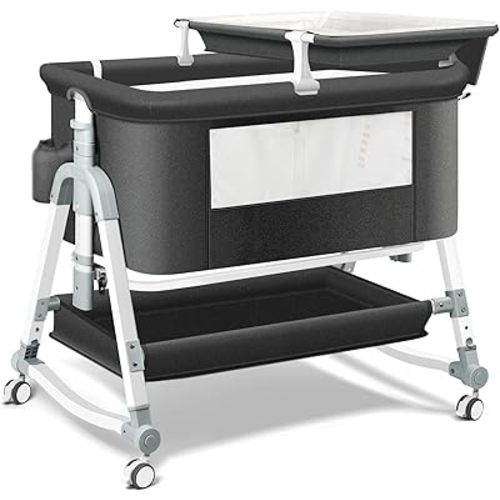 4 in 1 Bedside Bassinet for Baby, Portable Baby Bassinet with Wheels, Baby Crib with Changing Station, Mattress Included and Storage, Foldable Travel Bassinet for Baby/Infant/Newborn- Black