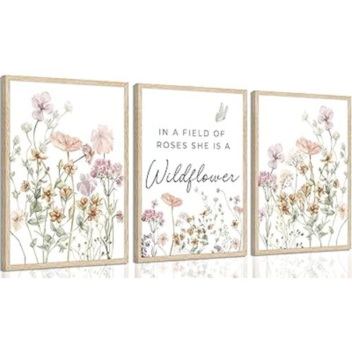 3Pcs Watercolor Flowers Nursery Wall Art Florals Botanical Sentence Picture Wall Decor Pink Wildflowers Poster Print Artwork for Girl Nursery Office Bedroom Livingroom Inspirational Wall Decoration