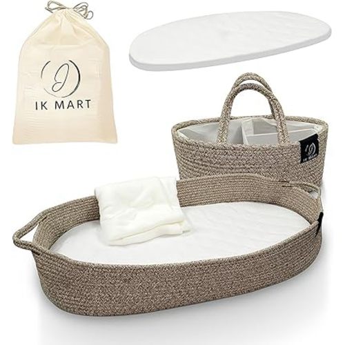 Baby Changing Basket - 100% Cotton Rope Woven Diaper Basket with Thick Foam Pad & Removable Cotton Mattress Cover - Boho Nursery Decor