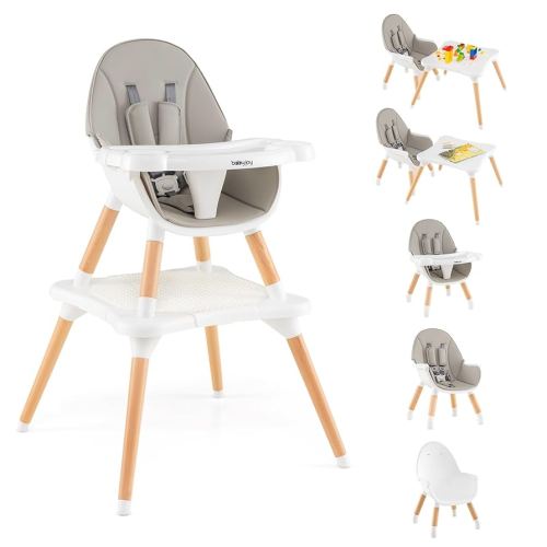 BABY JOY 6 in 1 High Chair, Convertible High Chairs for Babies and Toddlers/Booster Seat/Table and Chair Set, Infant Wooden Highchair w/ 5-Point Harness, 4-Position Removable Tray & PU Cushion (Gray)