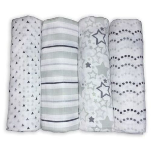 Swaddledesigns Cotton Muslin Swaddle Blankets - Starshine Shimmer - 4pk - Sterling Gray
