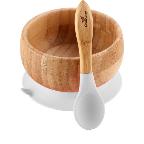Baby Bamboo Stay Put Suction Bowl + Spoon, White - Avanchy Nursing & Feeding | Maisonette