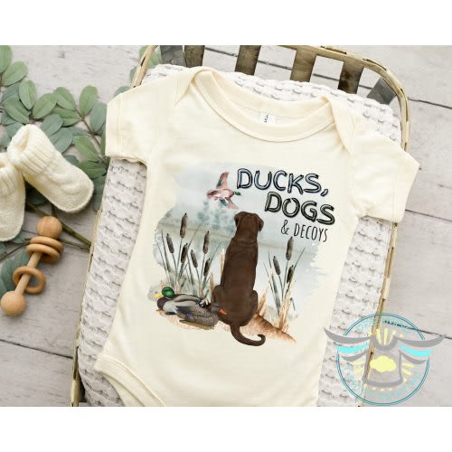 Duck Hunting Onesie® Hunting Bird Dog, Ducks Dogs & Decoys, Daddy's Hunting Guide, Duck Call, Country Boy, Chocolate Labrador Retriever