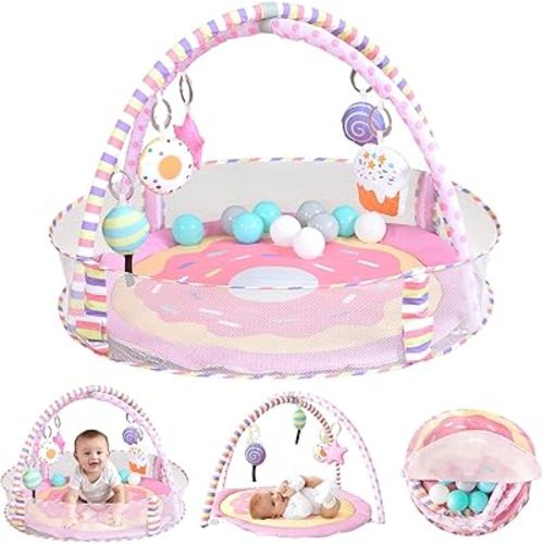 4-in-1 Baby Gym & Play Mat,Baby Girl Play Mat Activity Gym, Pink Donut Tummy Time Mat for Babies and Toddlers, Infant Activity Center for Newborn to Develop Motor Cognition