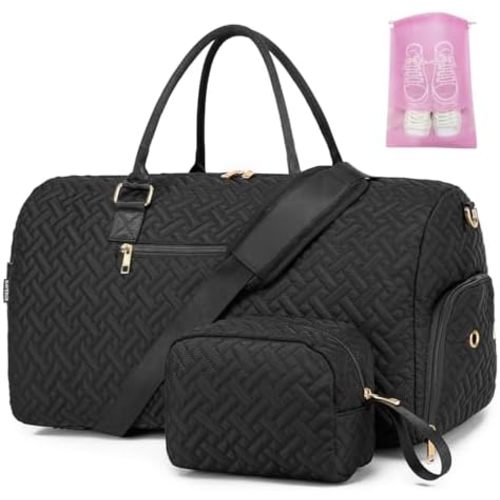 Travel Duffle Bag for Women, Weekender Bag with Shoe Compartment, Carry On Overnight Bag for Women with Toiletry Bag, Gym Bag with Wet Pocket, Hospital Bags for Labor and Delivery Black