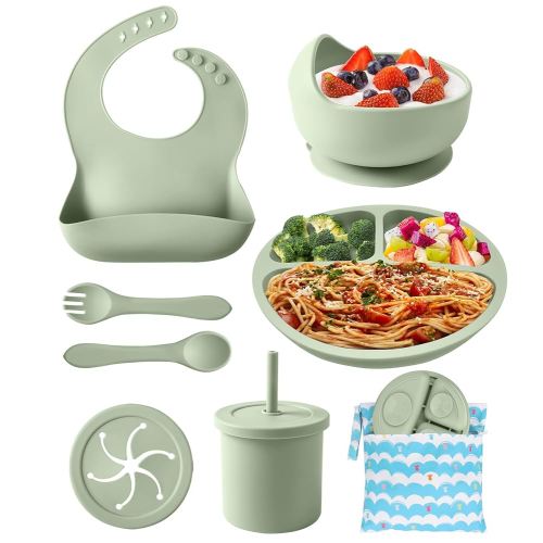 Silicone Baby Feeding Set, 10 Pcs Baby Led Weaning Supplies Baby Eating Essentials Set with Suction Bowl Divided Plate Adjustable Bib Soft Spoon Fork Cup with Lid Drinking Cup, Travel Bag (Green)