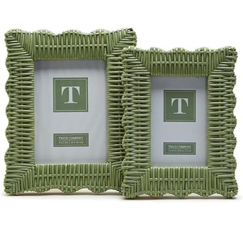 Two's Company Set of 2 Rattan Photo Frames, Includes 4x6 and 5x7 Inch Sizes, Artisan Crafted, Home Decor Accessories (Green Wicker Weave)