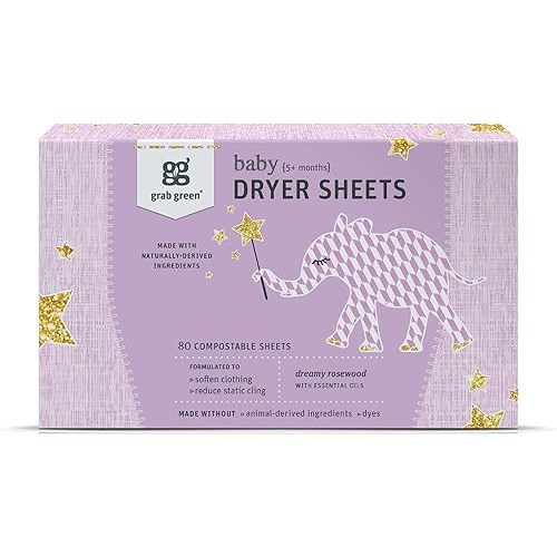 Grab Green Baby Dryer Sheets, 80 Sheets, Dreamy Rosewood Scent, Plant and Mineral Based, Compostable, Softens Clothing and Linens, Reduces Static Cling