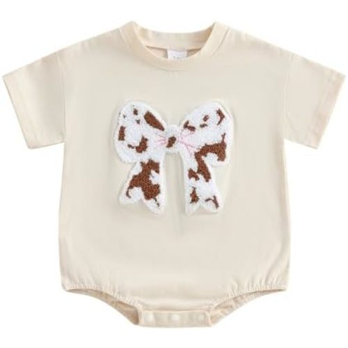 Newborn Baby Girl Western Clothes Cow Bow Embroidery Oversized T-Shirt Bubble Romper Bodysuit Summer Cowgirl Outfit