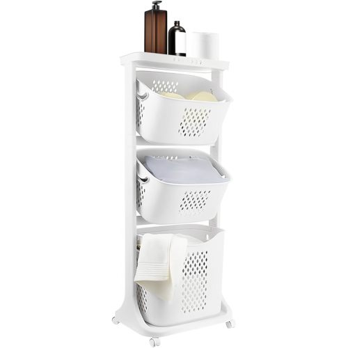 White Laundry Baskets 3 Tier White Rolling Laundry Hamper Cart with Wheels and Portable Storage Baskets Free Standing Clothes Laundry Basket Organizer for Bathrooms,Laundry Rooms