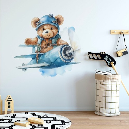 Nursery wall art, kids room decor, airplane decor, Airplane baby, airplane wall decal, bear wall decal, watercolor decal, baby room decor