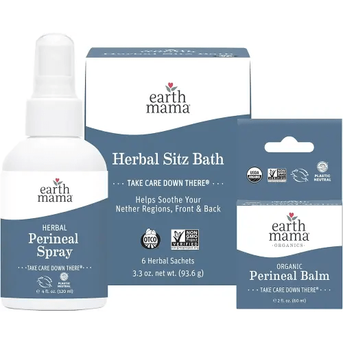 Earth Mama Postpartum Recovery Kit, Take Care Down There® Trifecta with Organic Perineal Balm, Sitz Bath & Herbal Peri Spray, 3-Piece Set