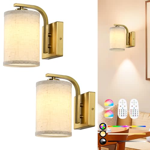 Battery Operated Wall Sconces Set Of Two, Dimmable Wireless Battery Wall Light With RGB Bulb, Rechargeable Wall Mounted Sconce Lamp With Remote Control For Bedroom, Living Room, Entryway, Gold