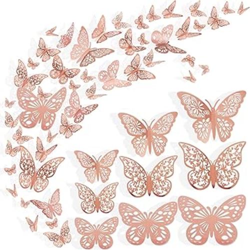 72 Pcs Butterfly Wall Decor - 3 Styles, 3 Sizes, 3D Butterflies in Rose Gold - Wedding & Birthday Party Decorations for Girls' Bedroom