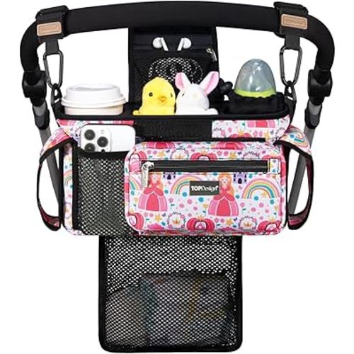 TOPDesign Universal Baby Stroller Organizer, Stroller Caddy with Detachable Mesh Bag & Heightened Insulated Cup Holders & Non-Slip Secure Hooks Accessories, Fits Most Strollers (Pumpkin Princess)