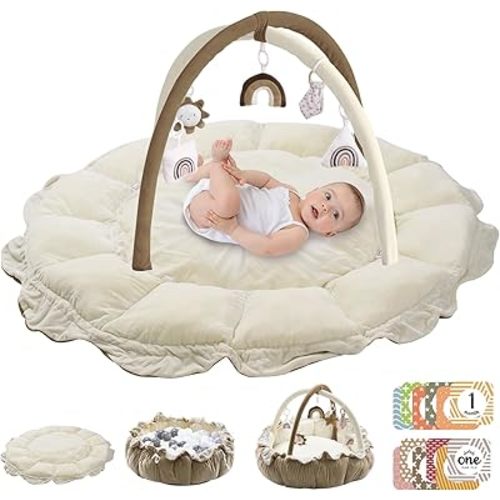 5-in-1 Convertible Baby Play Gym with 6 Toys, Tummy Time Mat for Sensory Development, Baby Activity Center from Newborn to Toddler, Ball Pit, Cat & Dog Bed, Soft Plush Pet Bed, No Ball Included Brown