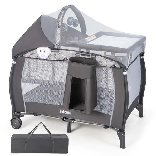 OLAKIDS 4 in 1 Pack and Play, Portable Travel Baby Playard with Bassinet, Changing Table, Canopy, Mosquito Net, Hanging Toys, Music Box, Storage Bag, Large Playpen from Newborn to Toddlers