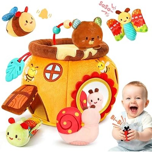 Baby Toys 0-6 6-12 Months, Soft Beehive with Stuffed Animals, Rattle, Crinkle, Squeaker and Mirror, Toddler Sensory Montessori Toys for 1 Year Old, Newborn Infant Shower Gifts for Girls Boys
