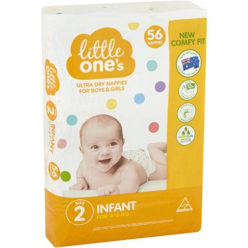 Little One's Size 2 Ultra Dry Nappies Infant 4-8Kg Boys & Girls 56 pack