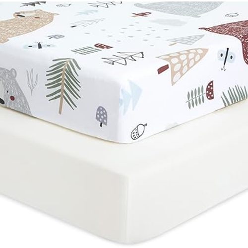 Buybuy Baby by Evolur Grizzly Bear Light 2 Pack Crib Sheet, Fitted Crib Sheet for Standard Crib and Toddler Mattress, Soft and Breathable Crib Mattress Sheet