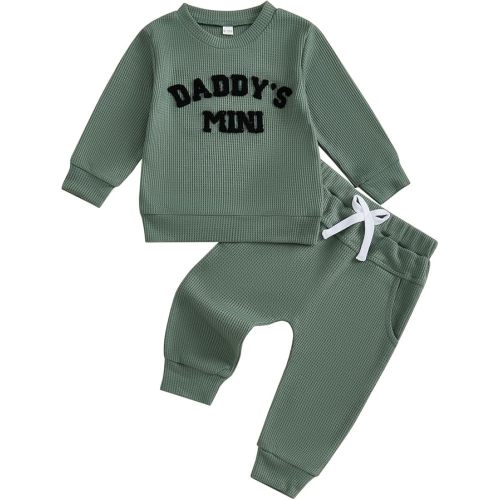 Kupretty Toddler Baby Boy Fall Winter Clothes Embroidery Waffle Knit Sweatshirt Pullover Tops + Casual Pants Outfit Set