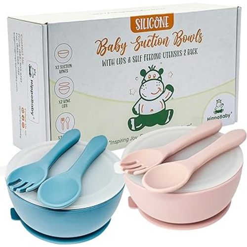 6 Piece Baby Bowls With Suction and Lids | Toddler Bowl Set with 2 Bowls, 2 Baby Spoons, 2 baby Forks, Baby Feeding Essentials (Rose Quartz/Sky)