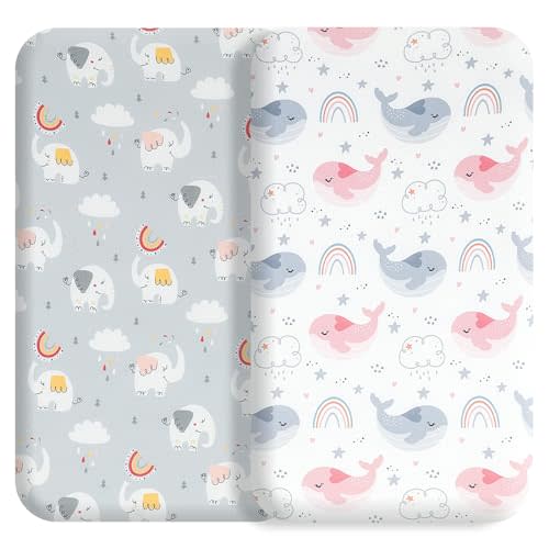 Bassinet Bed Sheet Set 2 Pcs Fits Rectangle Oval Halo Hourglass Mattress Stretch Bassinet Bed Sheet Soft and Comfy (Deer Park) (Rainbow White)