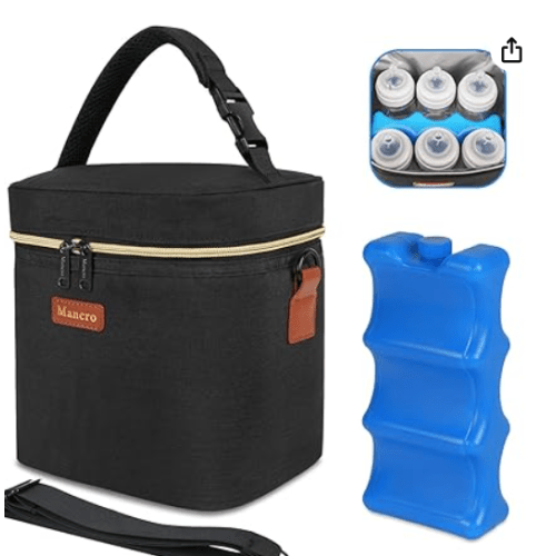 Mancro Breastmilk Cooler Bag with Ice Pack, Fits 6 Baby Bottles Up to 9 Ounce Insulated Baby Bottle Bag, Breast Milk Cooler on The go with Strap, Bottle Storage Bag for Nursing Mom Daycare, Black
